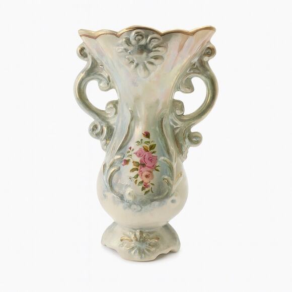 Vintage Lusterware Ceramic 6" Vase Iridescent Floral Roses Scroll Handles *READ - Picture 1 of 11